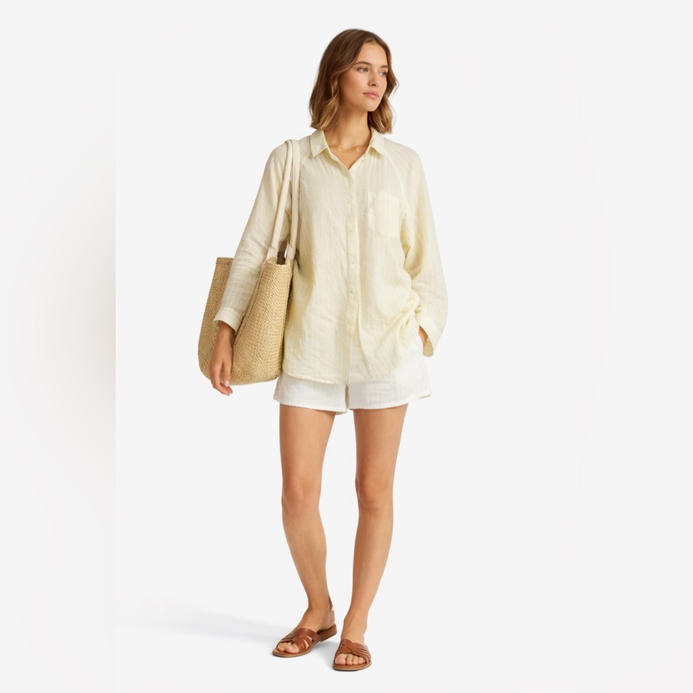 Universal Thread Yellow & White Striped Linen Blend Boyfriend Fit Blouse Size L